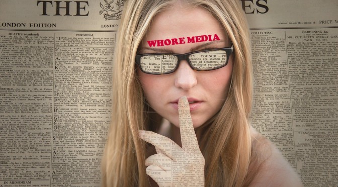 woman with glasses and 'whore media' written on her forehead
